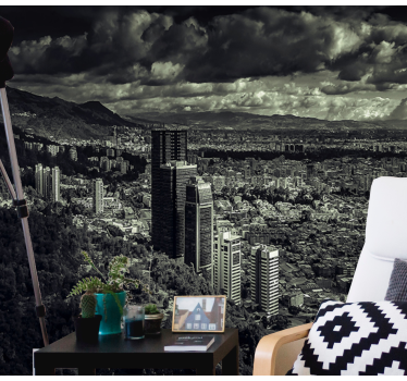 Fotomural ciudad paisaje urbano con vista a la montaña - TenVinilo