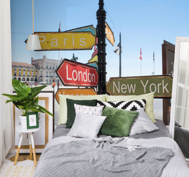 Fotomural ciudad señal de dirección de viaje - TenVinilo