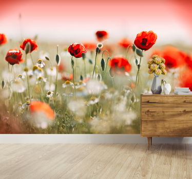 Papel pintado pasillo campo de amapolas - TenVinilo
