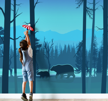 Mural infantil pared de bosque frondoso dibujado con osos - TenVinilo