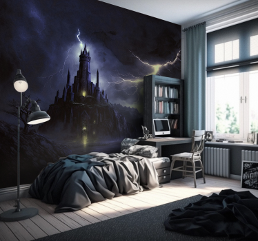 Mural habitación juvenil fantasía castillo oscuro y tormenta - TenVinilo