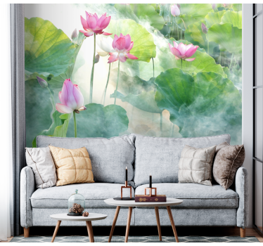 Papel pintado salón verde flores de loto - TenVinilo