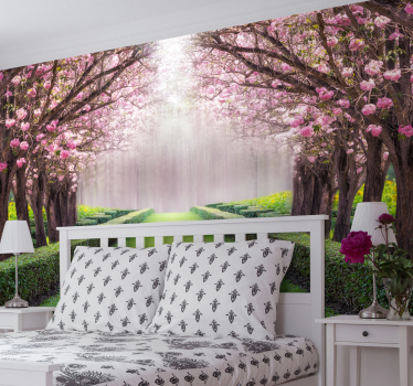 Papel pintado paisaje cerezos en flor rosa - TenVinilo