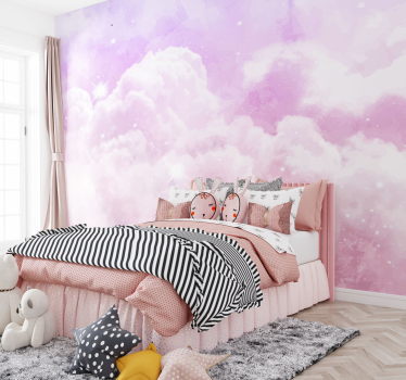 Papel pintado infantil cielo nubes rosa - TenVinilo