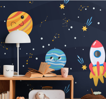 Fotomural infantiles Galaxia con naves espaciales y planetas. - TenVinilo