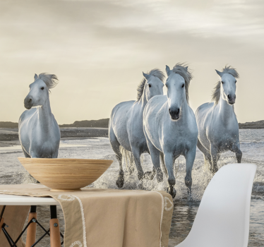 Fotomural majestuosos caballos blancos corriendo en la playa - TenVinilo