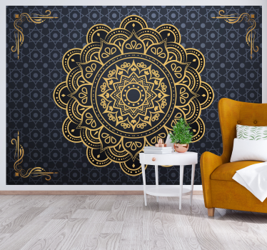Mural pared dormitorio mandala dorado fondo azul - TenVinilo