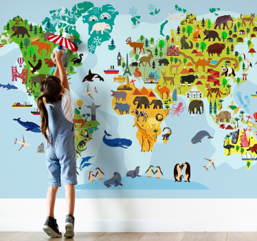 fotomural Mapamundi infantil monumentos y animales - TenVinilo