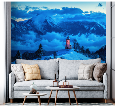 Papel pintado paisaje montañas iglesia nevada - TenVinilo