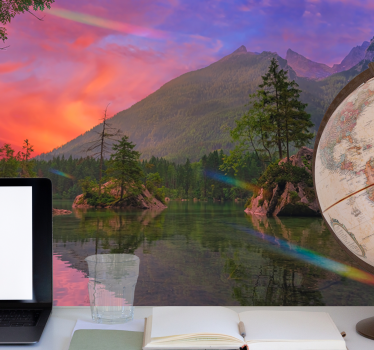 Papel pintado paisaje montañas reflexión serena - TenVinilo