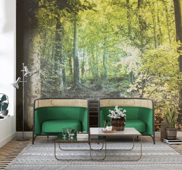 Papel pintado verde bosque camino con escaleras - TenVinilo