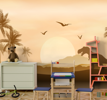 Mural de pared infantil paisaje de dinosaurios al atardecer - TenVinilo