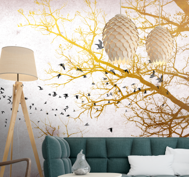 Fotomural naturaleza ramas doradas con pájaros - TenVinilo