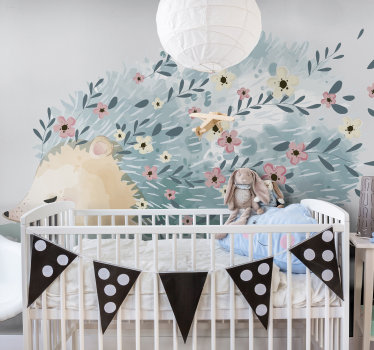 Mural infantil pared erizo y flores estilo nórdico - TenVinilo