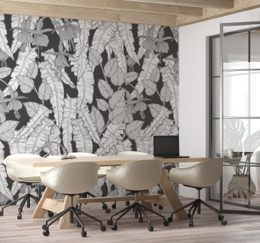 Papel pintado oficina diseño de selva gris - TenVinilo