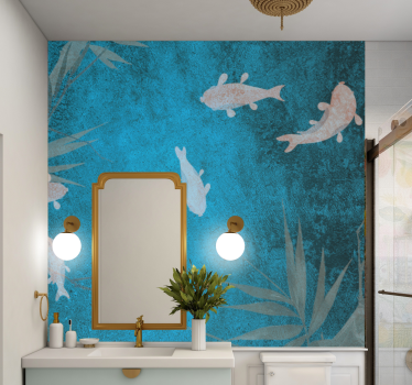 Fotomural para baño Patrón asiático de bambú y pescado - TenVinilo
