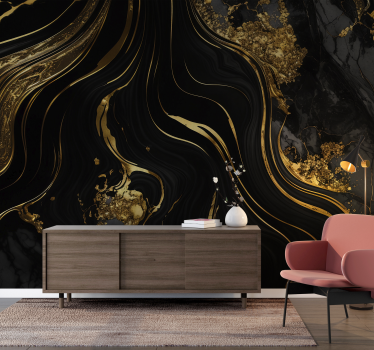 Fotomural para salón mármol negro y imitación dorado - TenVinilo