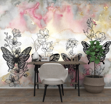 Mural de pared flores alas que revolotean y flores - TenVinilo