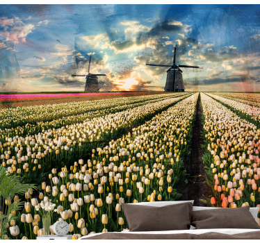 Mural de pared flores amanecer en el campo de tulipanes - TenVinilo