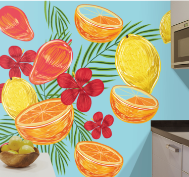 Mural de pared flores arreglo de frutas tropicales - TenVinilo