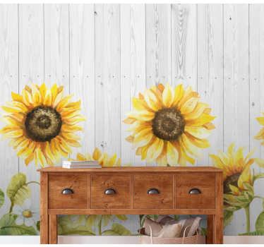 Mural de pared flores girasoles sobre textura de madera - TenVinilo