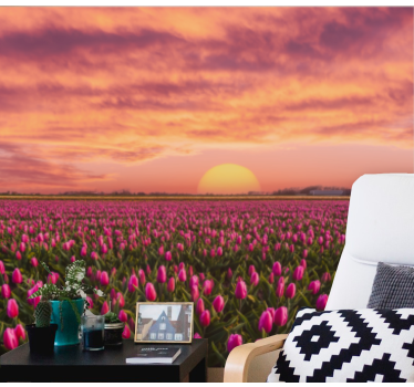 Mural de pared flores campo de tulipanes al atardecer - TenVinilo