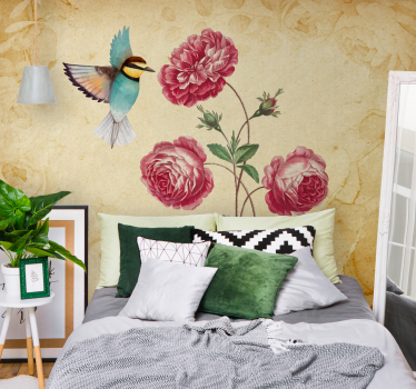 Mural de pared flores colibrí y rosas - TenVinilo