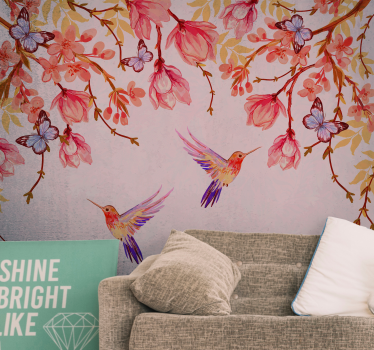 Mural de pared flores colibríes y flores - TenVinilo