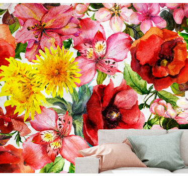 Mural de pared flores composición de flores vibrantes - TenVinilo