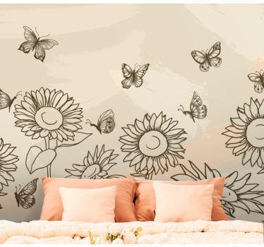 Mural de pared flores dibujo de mariposa girasol - TenVinilo