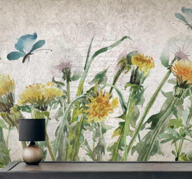 Mural de pared flores diente de león con mariposas - TenVinilo