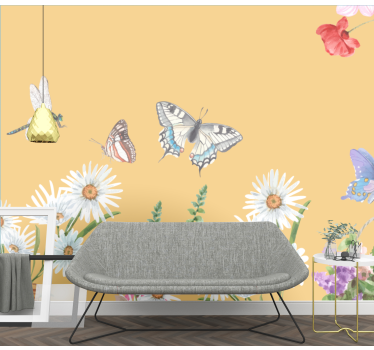 Mural de pared flores escena floral con mariposas - TenVinilo