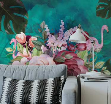 Mural de pared flores exhibición floral de flamencos - TenVinilo