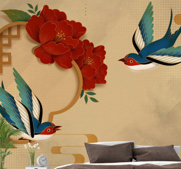 Mural de pared flores golondrina y flores - TenVinilo