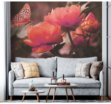 Mural de pared flores mariposa sobre flores - TenVinilo