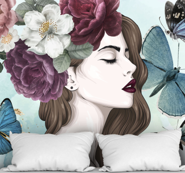 Mural de pared flores mujer con mariposas - TenVinilo