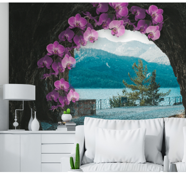 Mural de pared flores orquídeas enmarcando el paisaje - TenVinilo