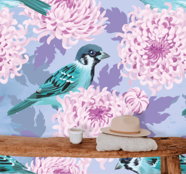 Mural de pared flores pajaritos azules en flor - TenVinilo