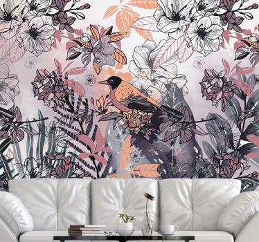 Mural de pared flores pájaro entre flores - TenVinilo
