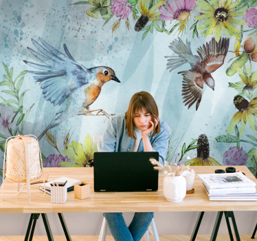 Mural para oficina pájaros florales coloridos - TenVinilo