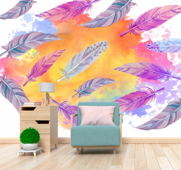 Mural de pared flores patrones de plumas coloridas - TenVinilo