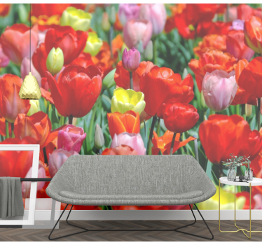 Mural de pared flores pradera de tulipanes coloridos - TenVinilo