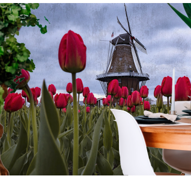 Mural de pared flores pradera de tulipanes y molino - TenVinilo