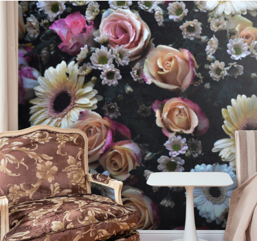 Mural de pared flores rosas y margaritas - TenVinilo