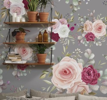 Mural de pared flores rosas y vegetación - TenVinilo
