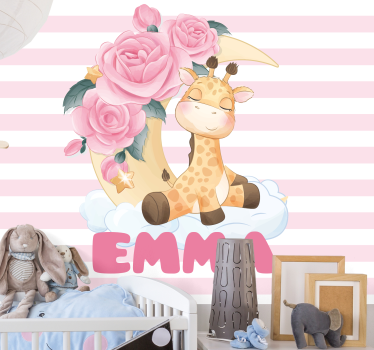 Mural de pared infantil jirafa con rosas - TenVinilo