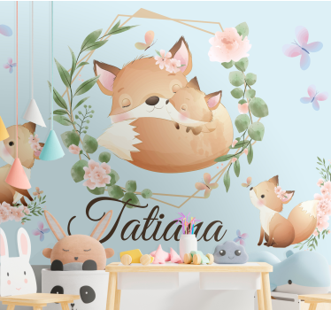 Mural de pared infantil linda familia de zorros con nombre - TenVinilo
