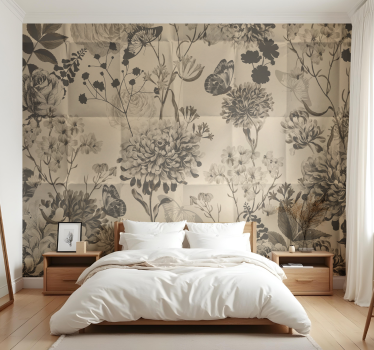 Mural habitación matrimonio diseño floral beige - TenVinilo