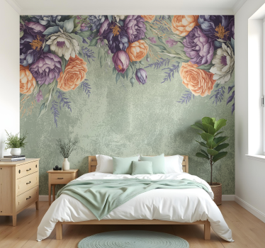 Mural habitación matrimonio diseño floral vintage - TenVinilo