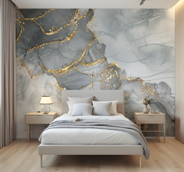 Mural habitación matrimonio pared de mosaico gris y dorado - TenVinilo